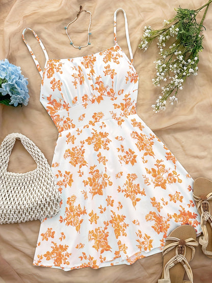 Damen Sommerkleid mit floralen Print und Spaghettiträgern – Perfekt für Urlaub und Freizeit