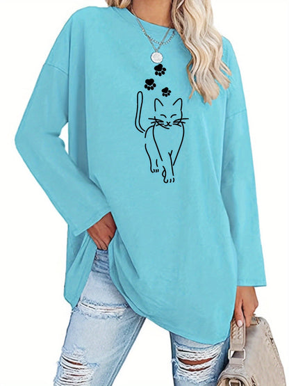 Damen Langarmshirt Oversize mit Katzenmotiv und Pfotenabdruck Rundhalsausschnitt Freizeitshirt