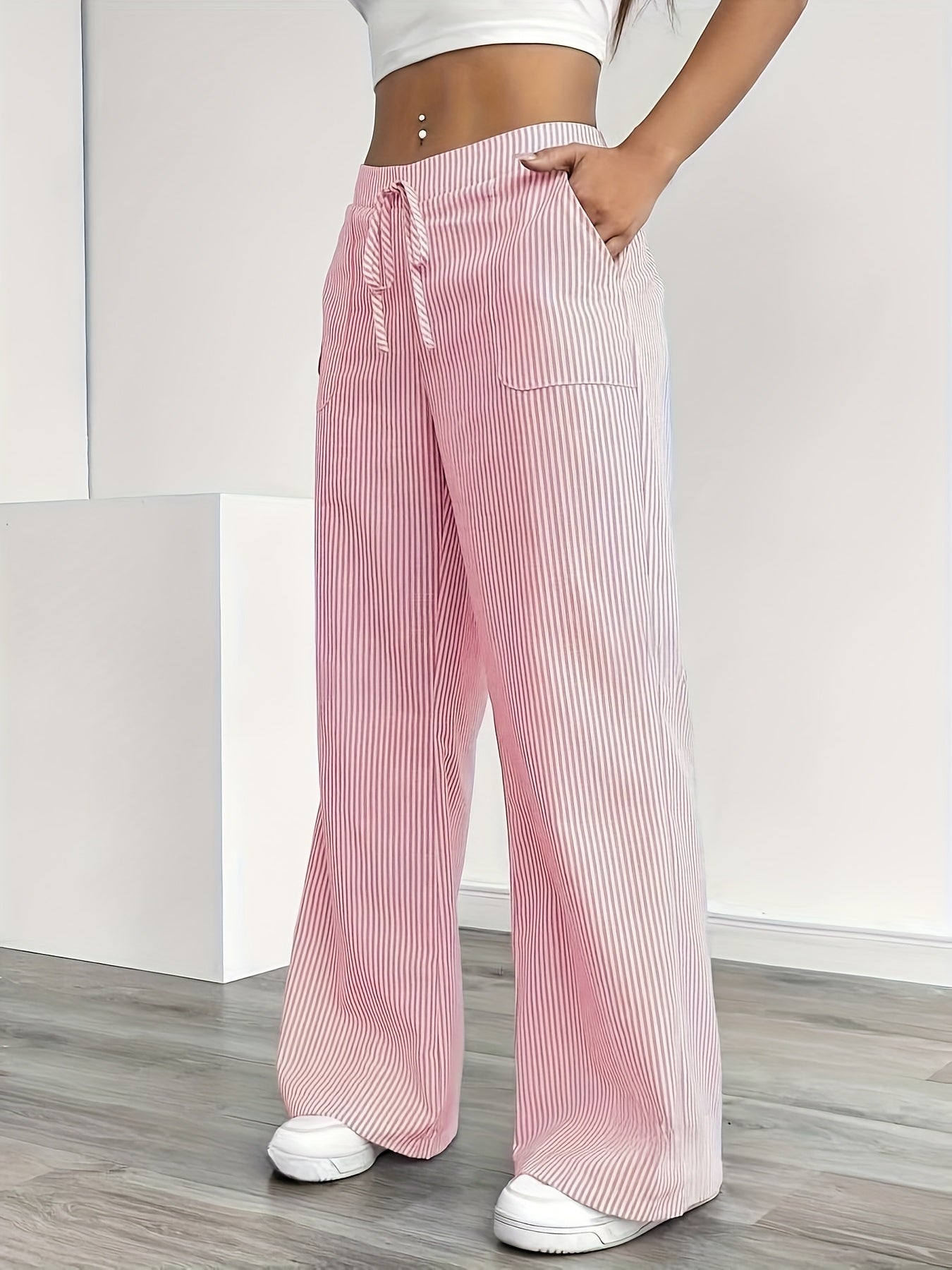 Damen Weite Casual Streifenhose mit Kordelzug – Komfortable Freizeithose für Alltag und Wochenende