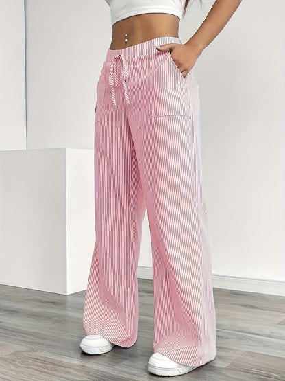 Damen Weite Casual Streifenhose mit Kordelzug – Komfortable Freizeithose für Alltag und Wochenende