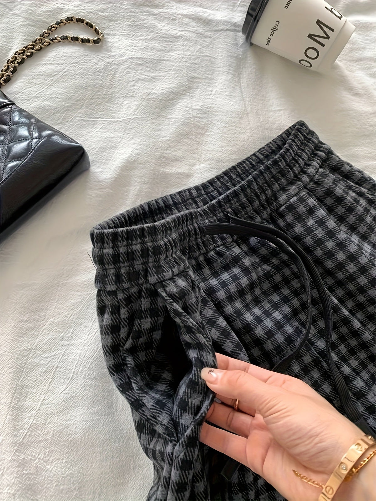 Karierte weite Hose für Damen mit Kordelzug Schwarz Grau