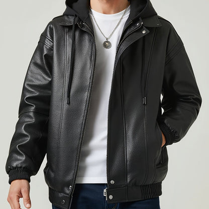 Herren Bomberjacke mit Kapuze, Glatte Oberfläche, Braun/Schwarz