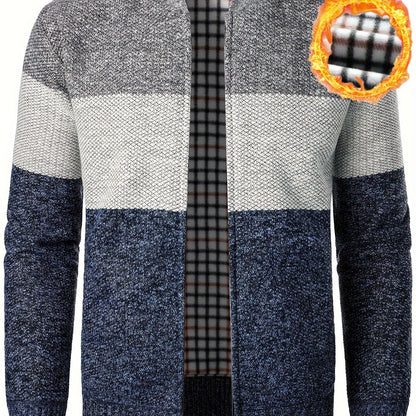 Herren Cardigan gestreift mit Stehkragen – melierter Strick und kariertes Futter