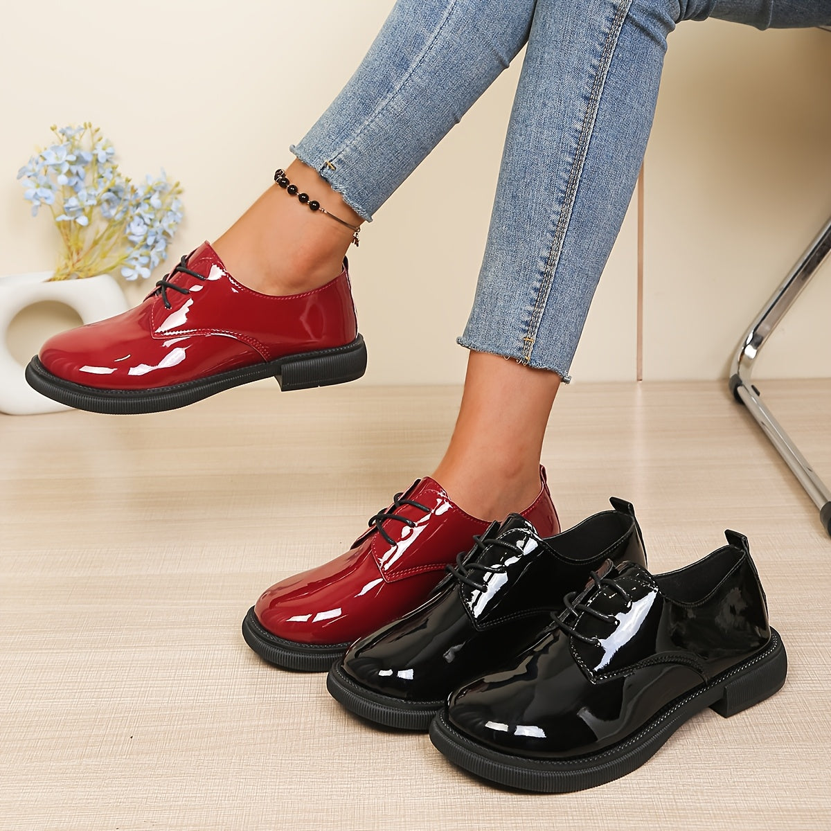 Damen Derby Schuhe Glänzend Lack-Optik Schnürschuhe Flache Sohle