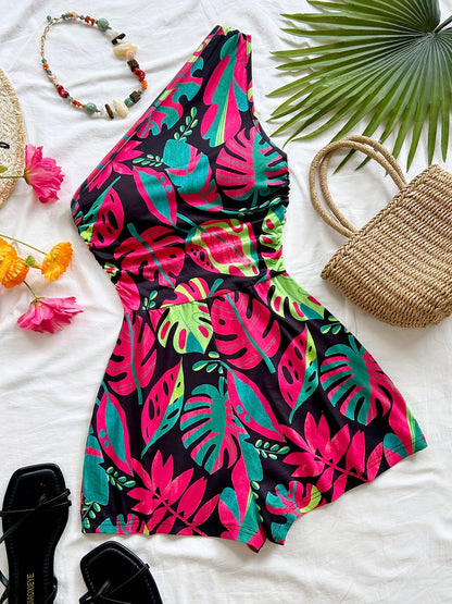 Damen Ein-Schulter-Jumpsuit mit tropischem Print – Modischer Sommer-Overall für Freizeit und Urlaub