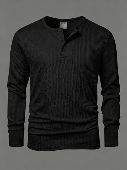Herren Langarmshirt Gerippt Henley-Ausschnitt Locker Passform