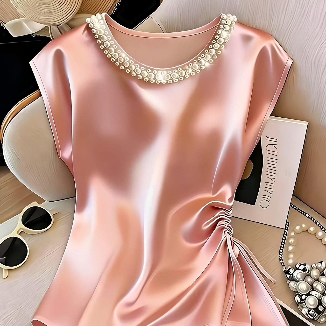 Damen Elegante Bluse mit Perlenkragen und Raffungsdetail – Stilvolles Kurzarm-Oberteil für festliche Anlässe oder Büro