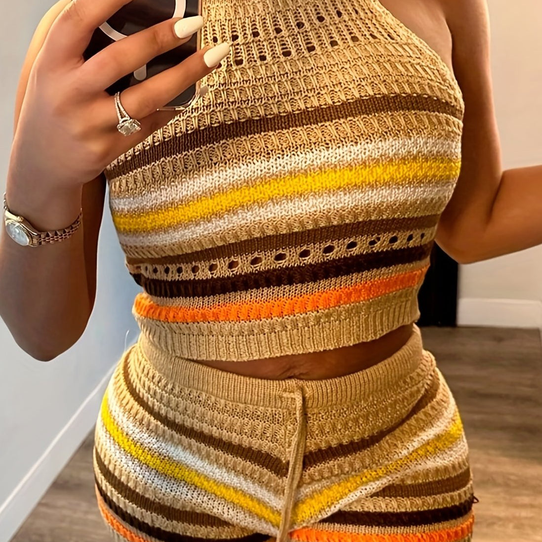 Damen Häkel-Strick Zweiteiler Set – Trendiges Y2K Outfit mit Haltertop und Shorts, Ideal für Sommer & Freizeit