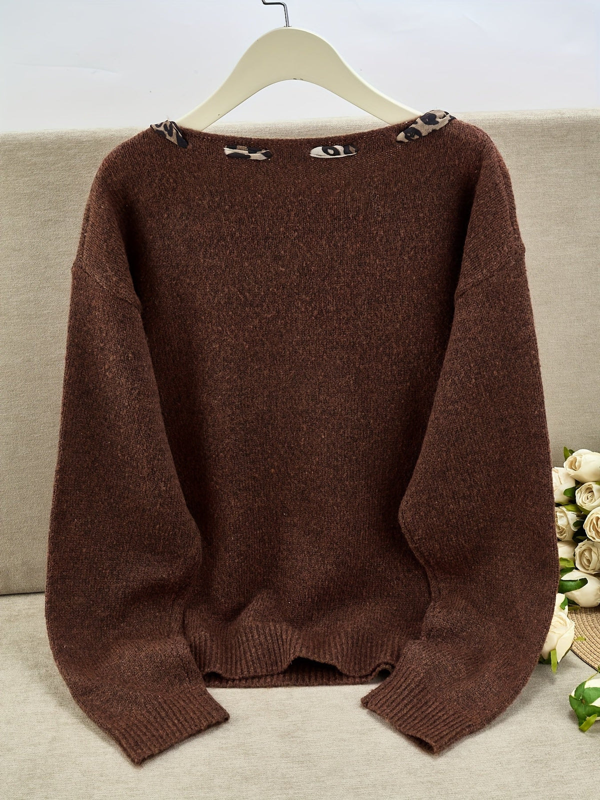 Damen Pullover Rundhals mit Leopardenmuster-Schleife