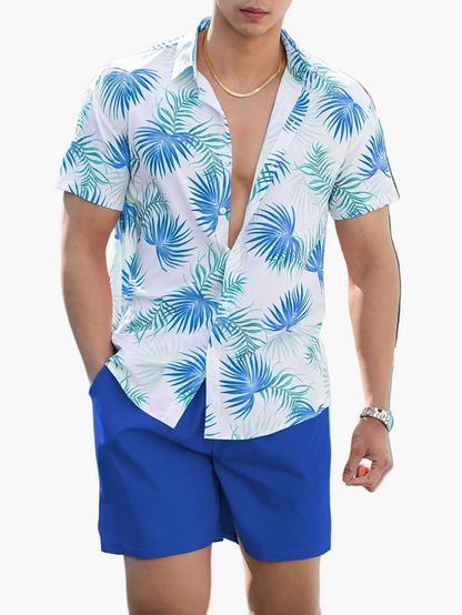 Herren Sommer Strand Set – Kurzarm Hemd und Shorts im tropischen Print, modisch & leger