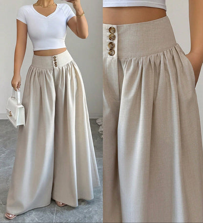 Damen Weite High Waist Palazzo Hose mit Knopfleiste – Eleganter Alltags- & Ausgeh-Look