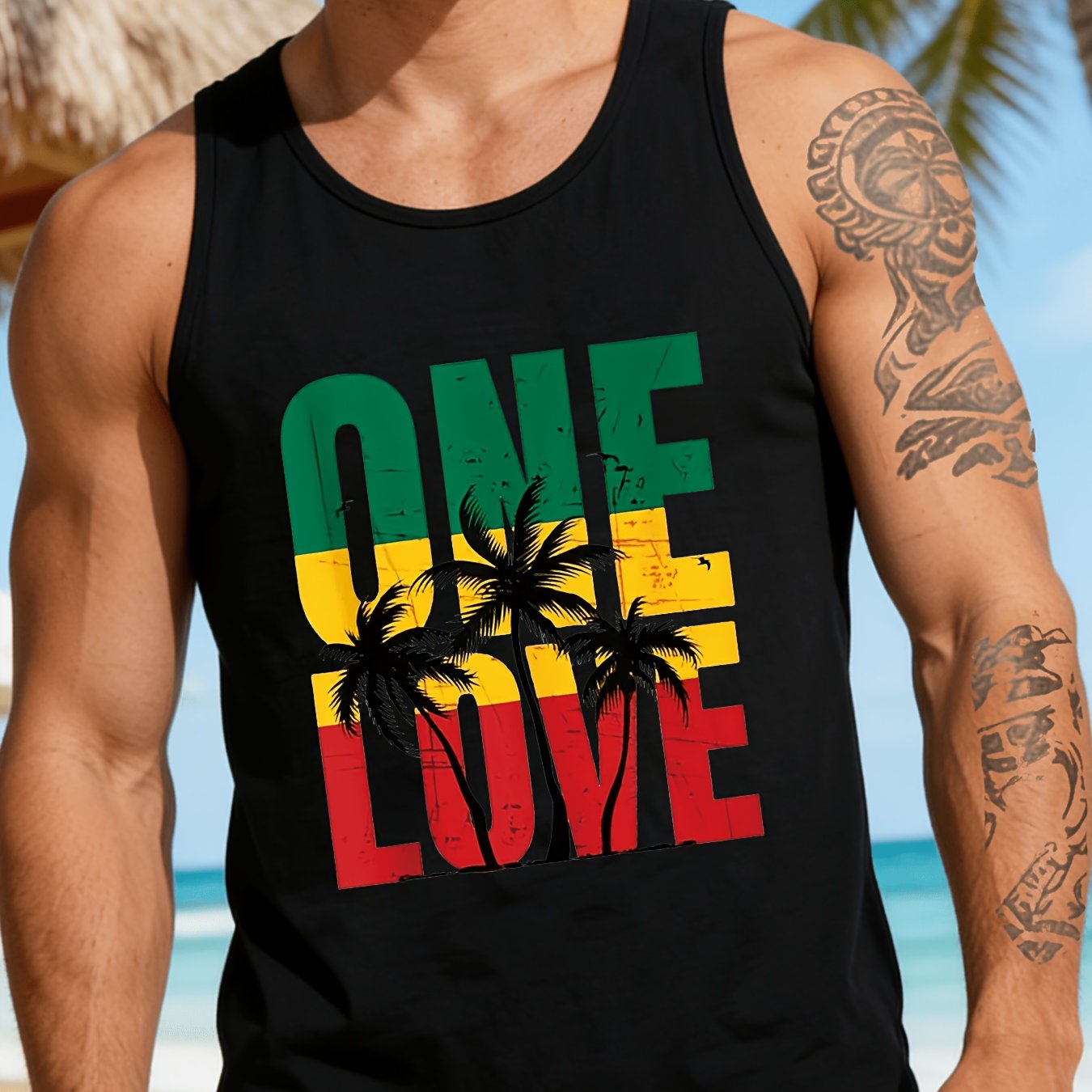 Herren Tanktop mit One Love Print und Palmen Grafik – Reggae Style für Strand und Freizeit