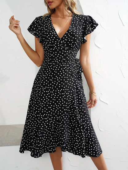 Damen Elegantes Polka-Dot Wickelkleid mit Rüschen – Stilvolles Sommerkleid für Alltag & Freizeit
