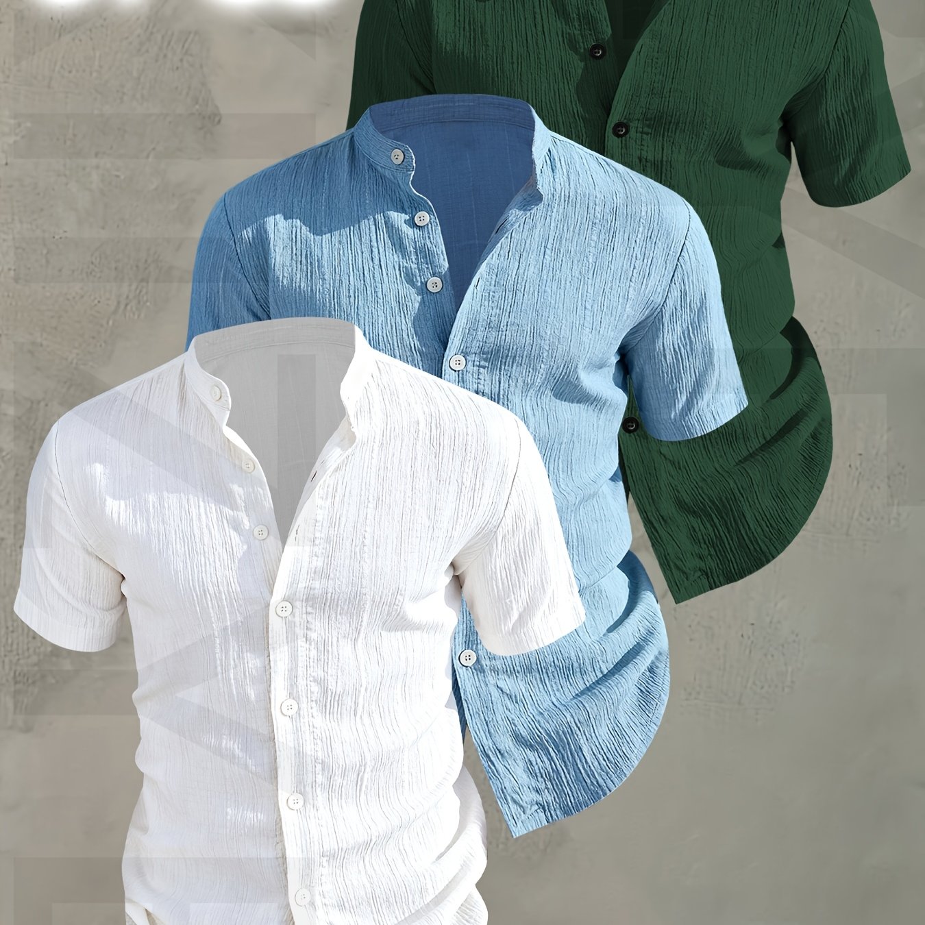 Herren 3er-Pack Stehkragen Hemden – Modischer Freizeit Look, Kurzarm, Knopfleiste