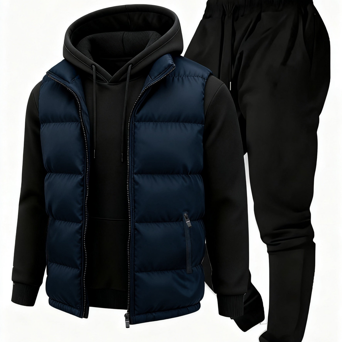 Herren Sportanzug Set Hoodie Weste & Jogginghose Steppweste mit Kapuzenpullover