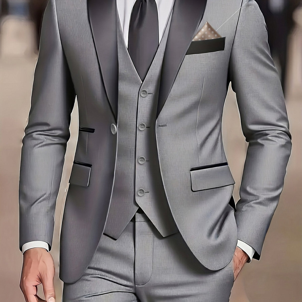 Herren Smoking Sakko Weste Hose Set, 3-teiliger Anzug mit Reverskragen