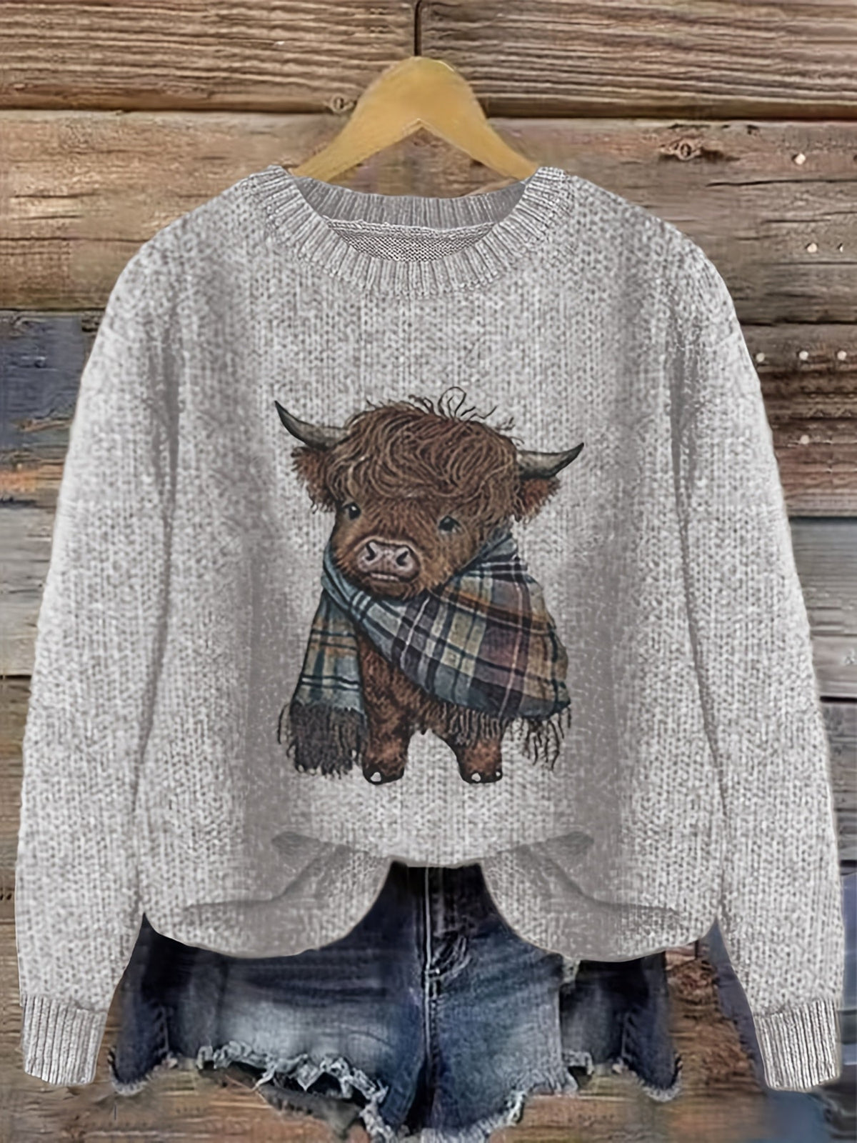Damen Pullover mit Highland-Kuh Motiv und Rundhalsausschnitt – Verspielter Strickpullover im lässigen Stil