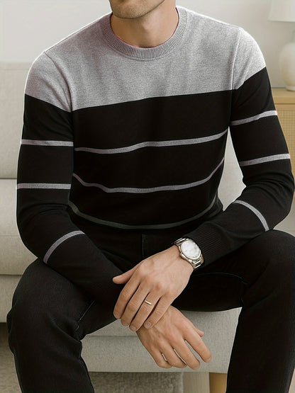 Herren Rundhals Pullover mit Blockstreifen und Rippbündchen