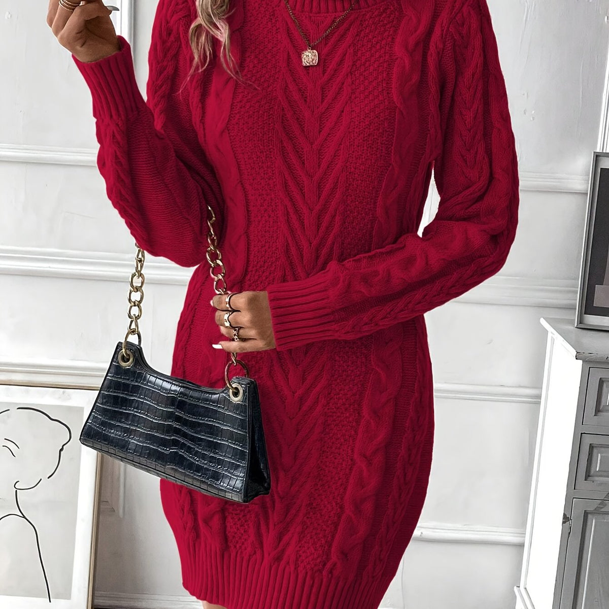 Strickkleid Damen Rollkragen Zopfmuster Langarm Minikleid Rippbündchen
