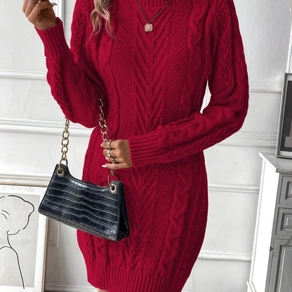 Strickkleid Damen Rollkragen Zopfmuster Langarm Minikleid Rippbündchen