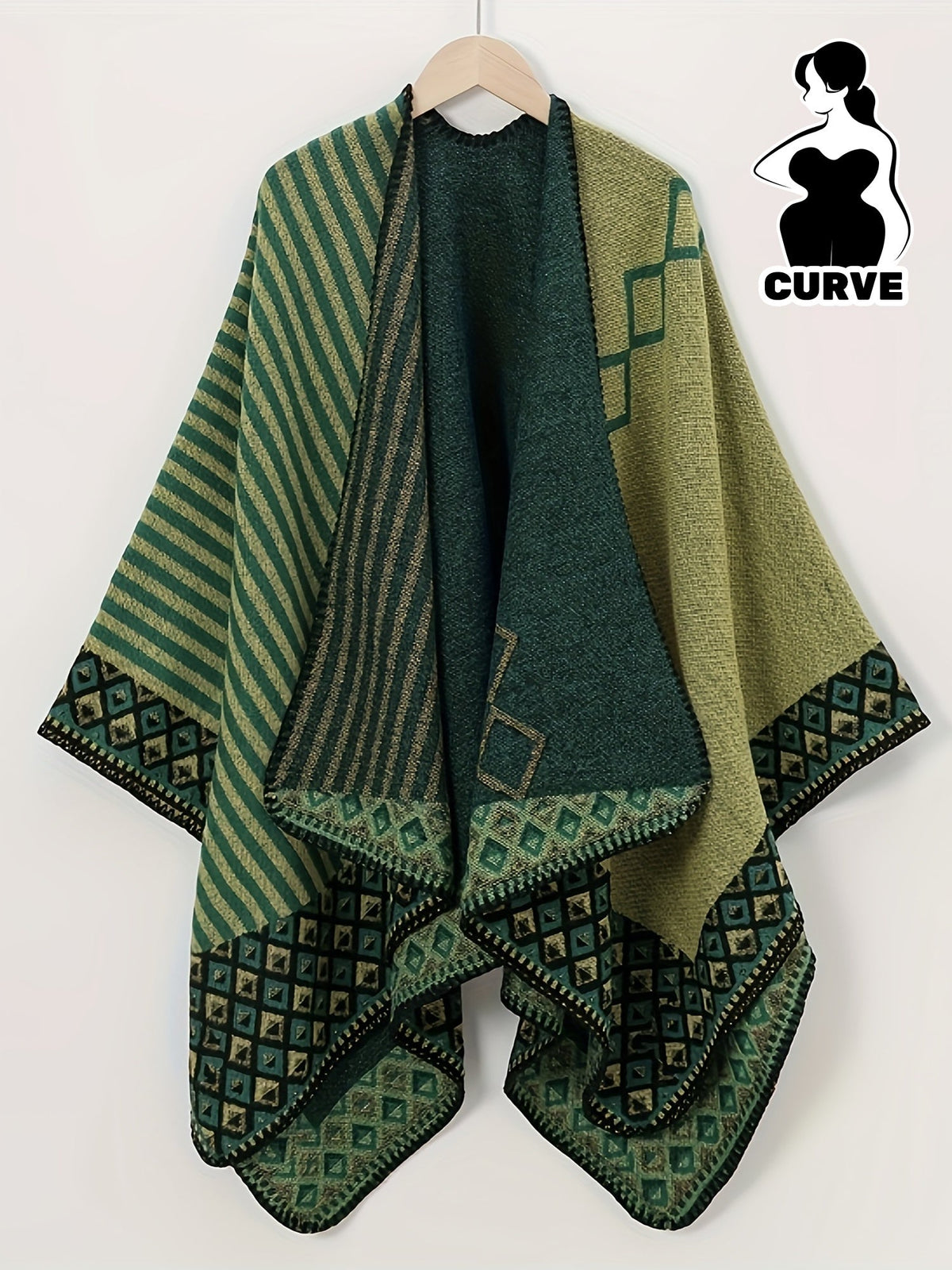 Poncho Damen Reversible Grüntöne Gestreift & Karomuster