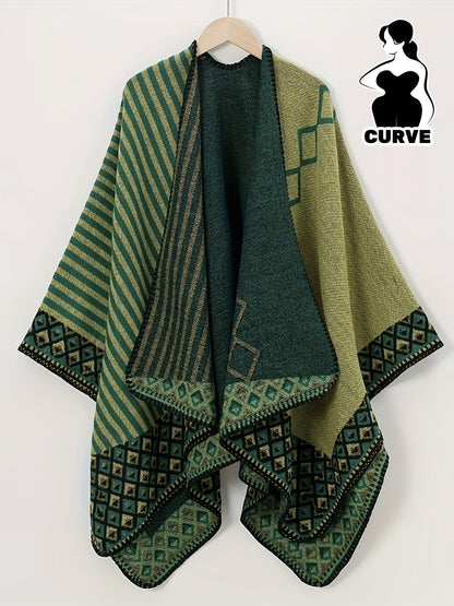 Poncho Damen Reversible Grüntöne Gestreift & Karomuster