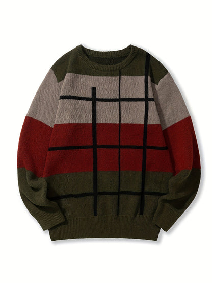 Unisex Rundhals Pullover mit Farbmuster und Karodesign