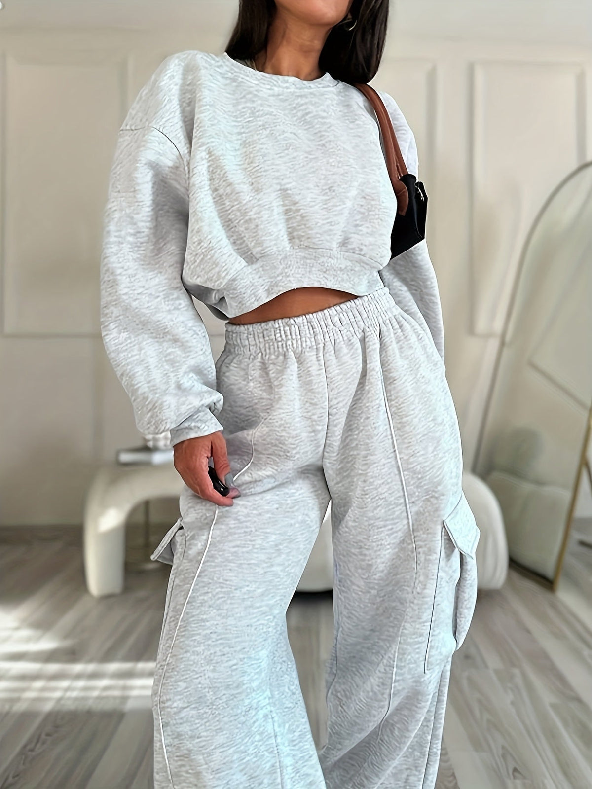 Damen Loungewear Set Grau Melange Cropped Sweatshirt Weite Cargo-Hose