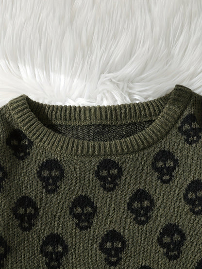 Unisex Pullover mit Totenkopfmuster Strick Rundhals Langarm Strickpullover