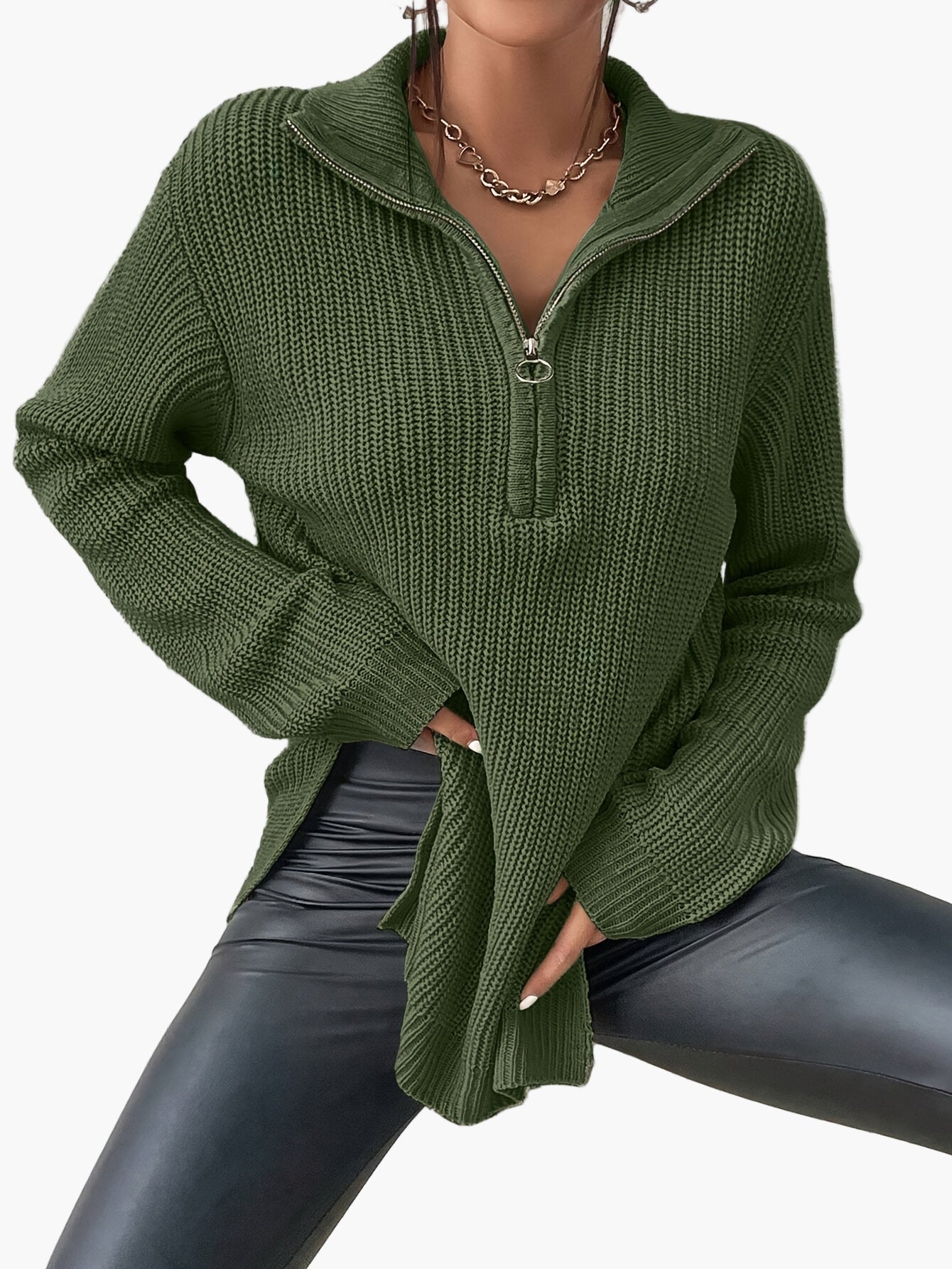 Damen Strickpullover mit Zipper und hohem Kragen – Modischer Herbst/Winter Sweater für Alltag und Freizeit