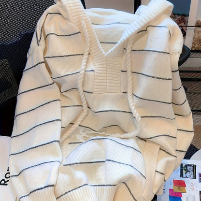 Damen Strickpullover mit Kapuze, gestreift, Cremeweiß