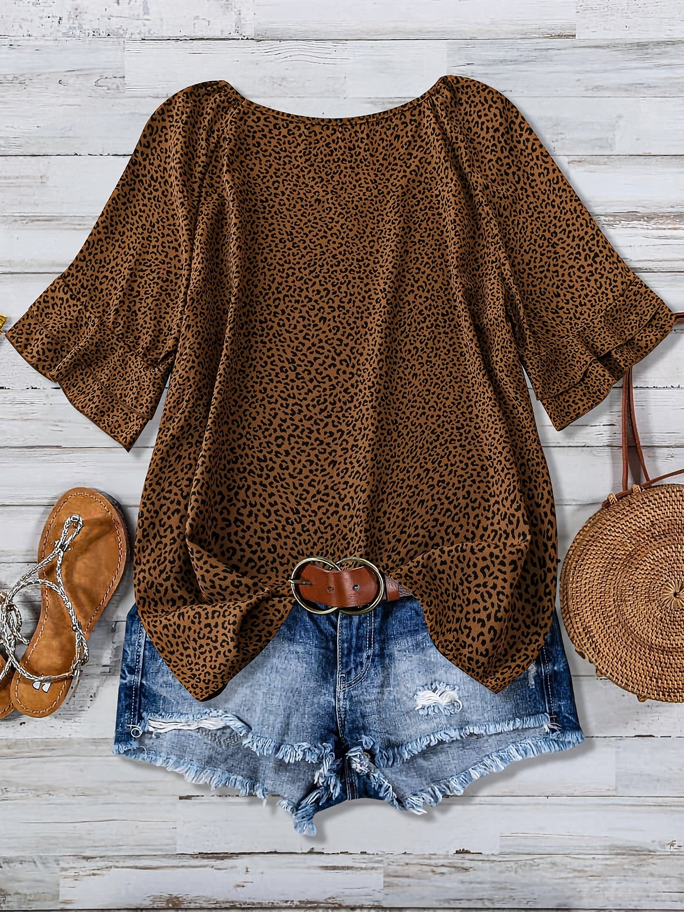 Damen Leopard Print Bluse im Urlaubsstil mit Rüschen und Jeansshorts-Set – Perfekt für Sommer und Freizeit