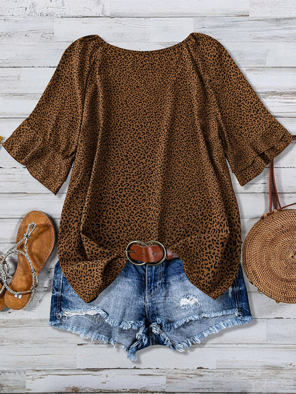 Damen Leopard Print Bluse im Urlaubsstil mit Rüschen und Jeansshorts-Set – Perfekt für Sommer und Freizeit
