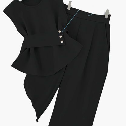 Damen Zweiteiler Set Elegant – Ärmelloses Oberteil mit Gürtel & Gerade Hose, Business & Alltag