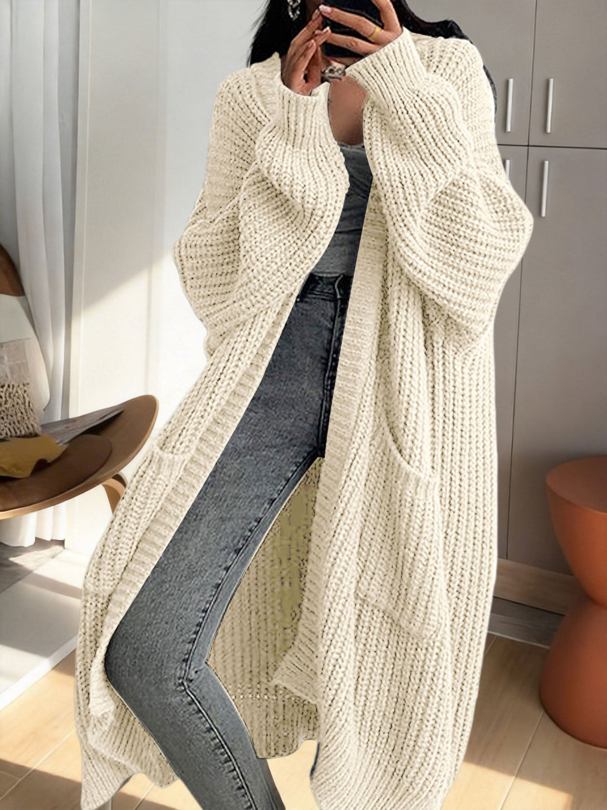 Damen Oversize Strick-Cardigan Lang Offene Front mit Taschen – Lässiger Streetstyle