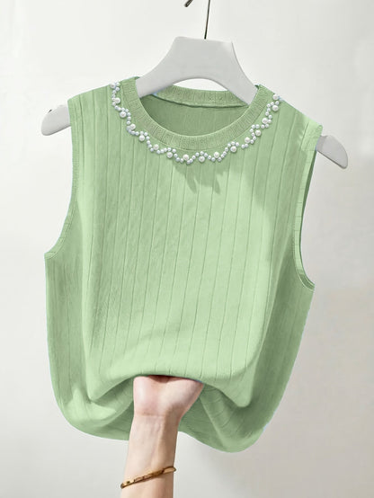 Damen Elegantes Stricktop mit Perlenbesatz – Ärmelloses Oberteil für modische Anlässe