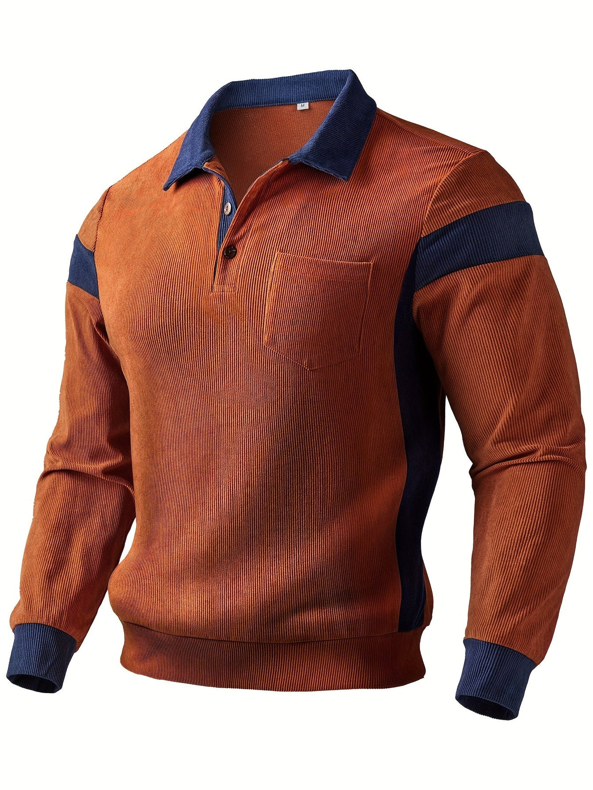 Herren Langarm Poloshirt Braun-Blau Gerippt mit Brusttasche