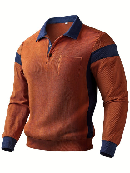 Herren Langarm Poloshirt Braun-Blau Gerippt mit Brusttasche