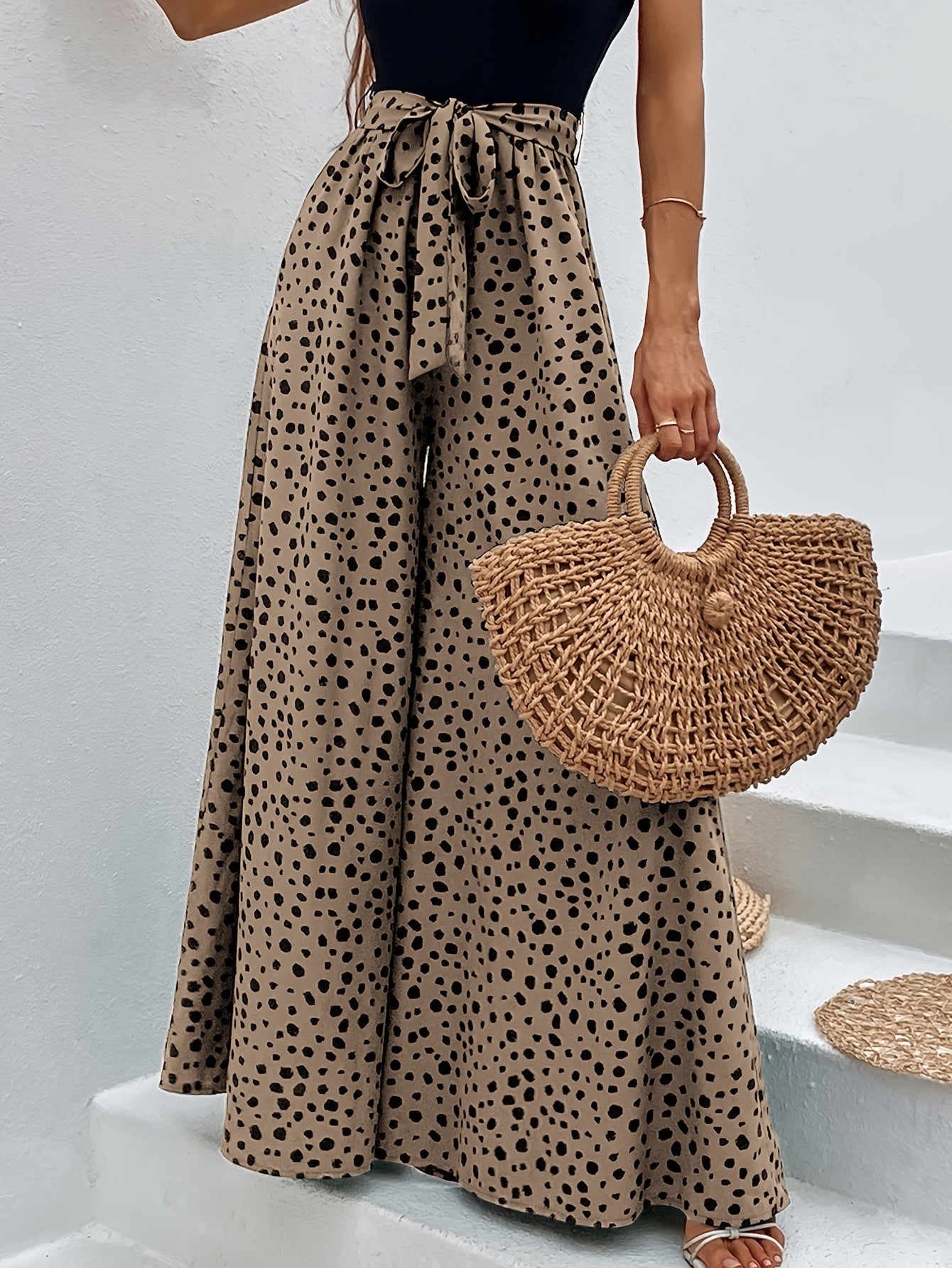 Damen Elegante Weitbeinige Palazzo-Hose mit Gürtel und Punktemuster – Perfekt für Freizeit und Sommer