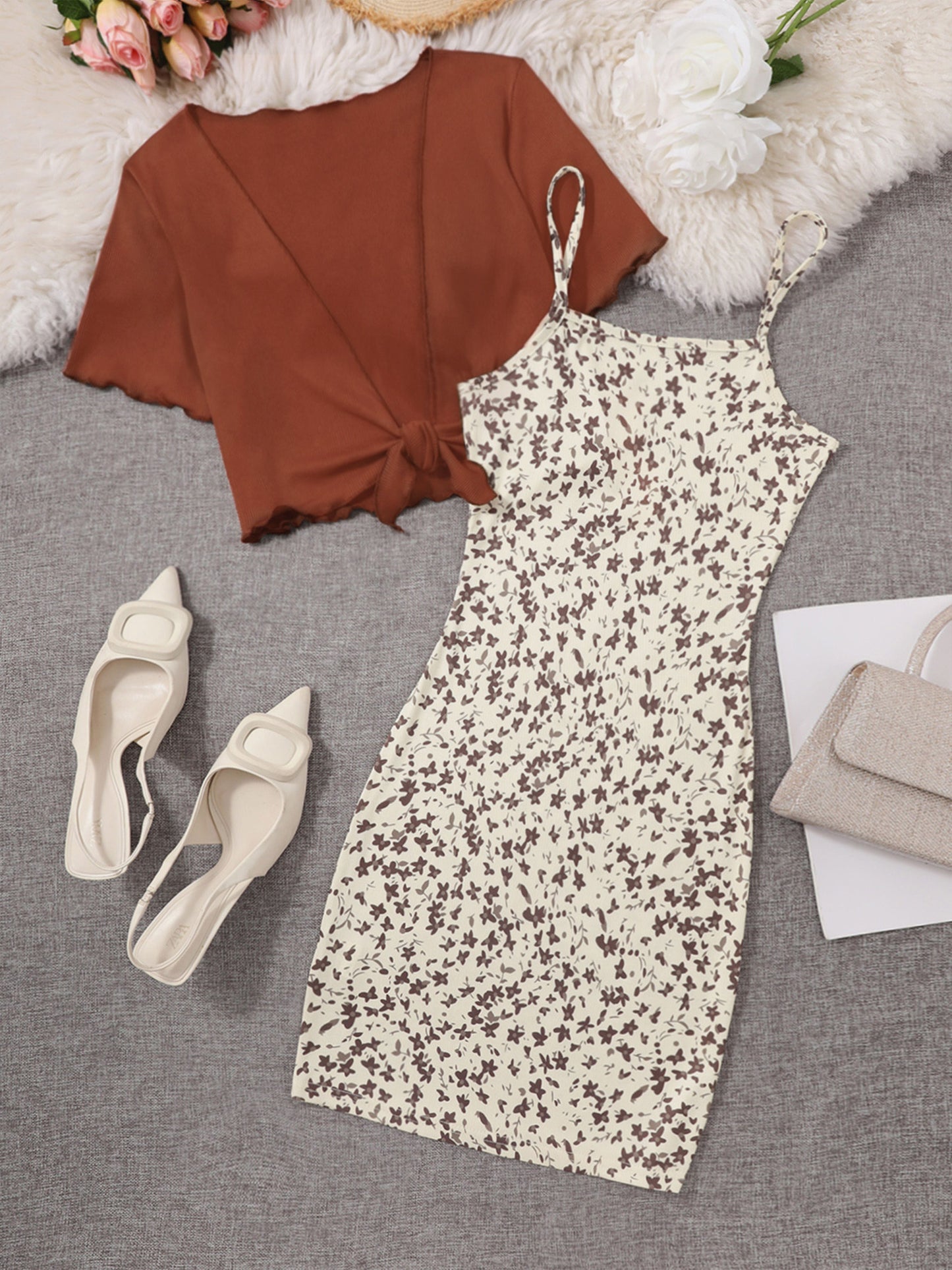Damen Elegantes 2-teiliges Set – Florales Trägerkleid mit Kurzarm Bolero, Perfekt für Frühling und Sommer