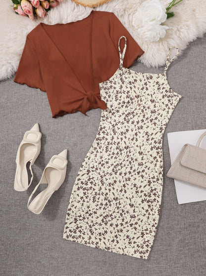 Damen Elegantes 2-teiliges Set – Florales Trägerkleid mit Kurzarm Bolero, Perfekt für Frühling und Sommer