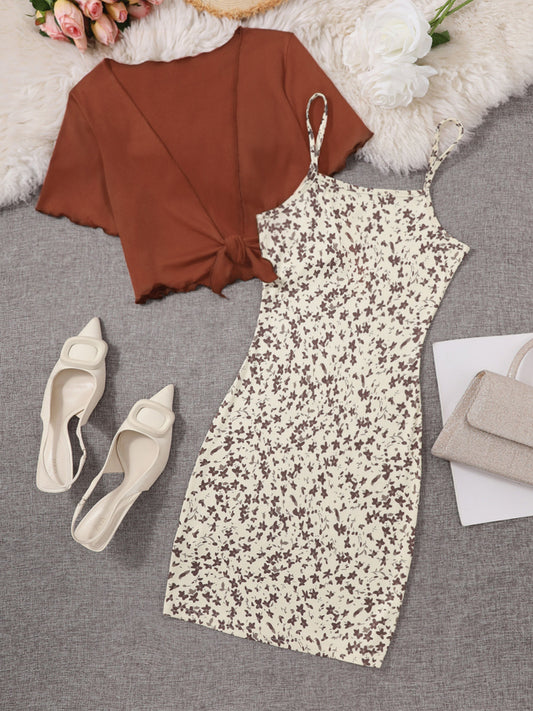 Damen Elegantes 2-teiliges Set – Florales Trägerkleid mit Kurzarm Bolero, Perfekt für Frühling und Sommer