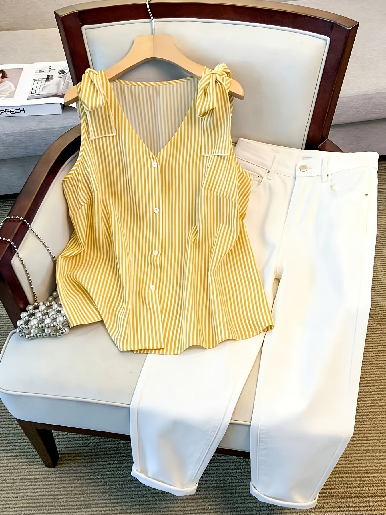 Damen Blusentop mit Streifen und Knopfleiste – Eleganter Sommer-Style für Büro & Freizeit