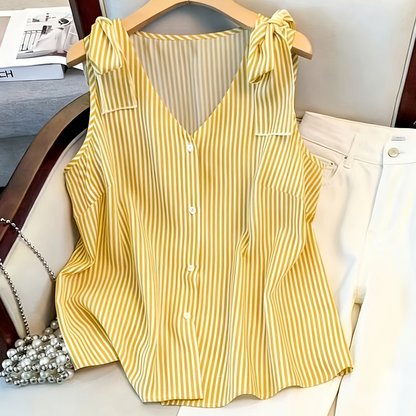 Damen Blusentop mit Streifen und Knopfleiste – Eleganter Sommer-Style für Büro & Freizeit