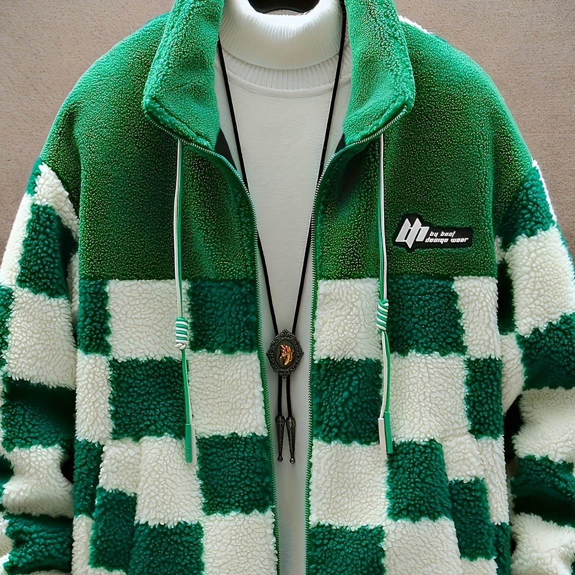 Unisex Teddyfleece Jacke mit Stehkragen und Schachbrettmuster