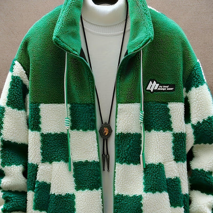 Unisex Teddyfleece Jacke mit Stehkragen und Schachbrettmuster