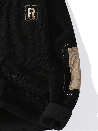 Unisex Langarm Sweatshirt mit Ellenbogen-Patches, Rundhalsausschnitt, gerippter Textur