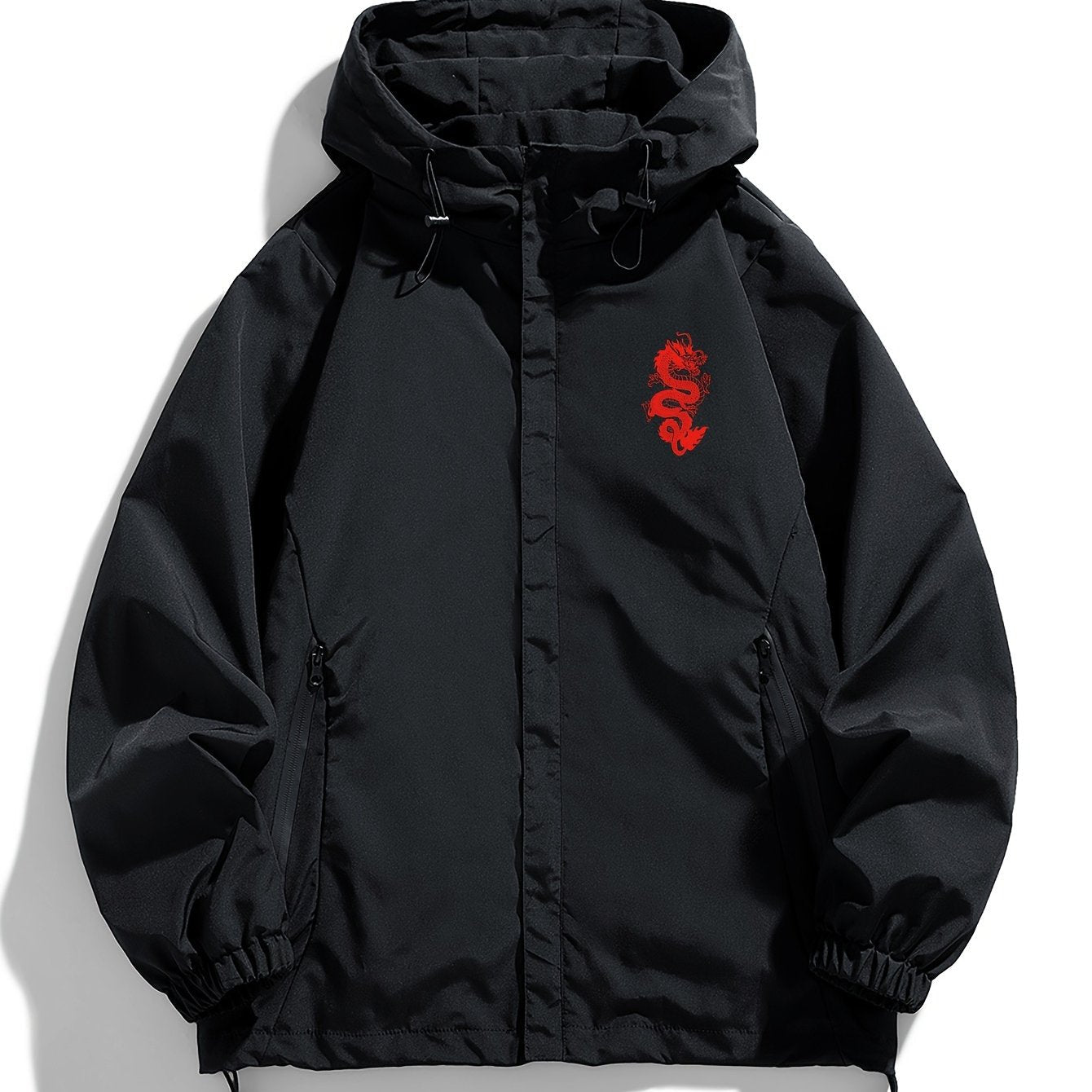 Unisex Windjacke Schwarz mit Kapuze & rotem Drachenmotiv