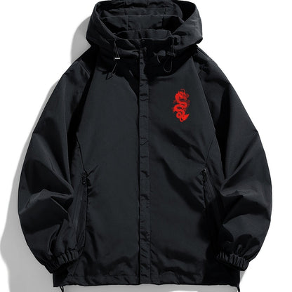 Unisex Windjacke Schwarz mit Kapuze & rotem Drachenmotiv