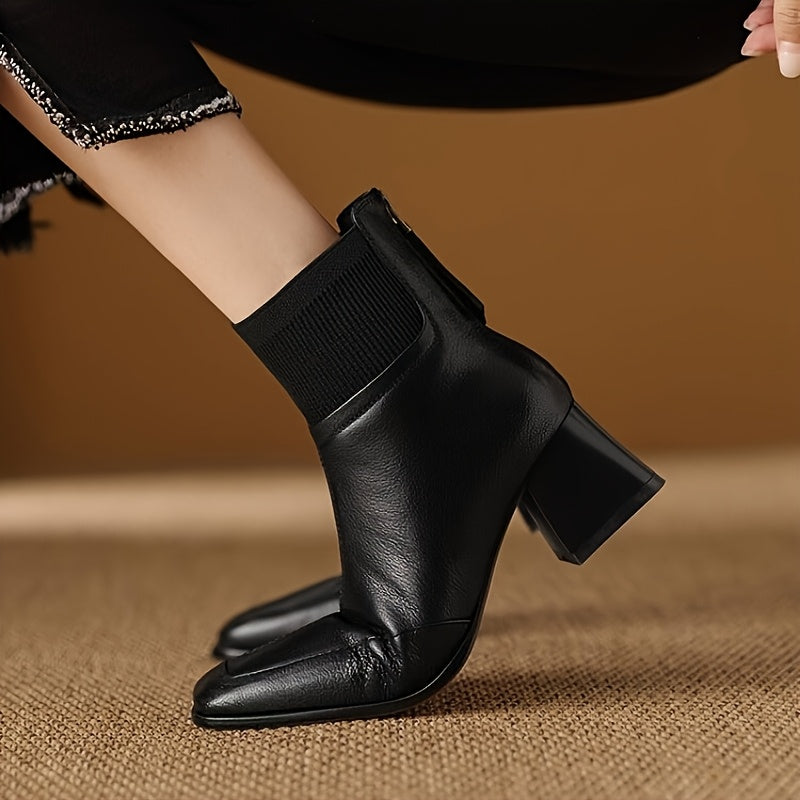 Damen Stiefelette mit Blockabsatz, quadratischer Spitze & geripptem Schaft